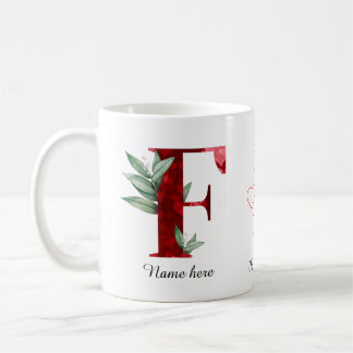 Elegant Red Heart Floral Letter F Initial Coffee E Kaffemugg