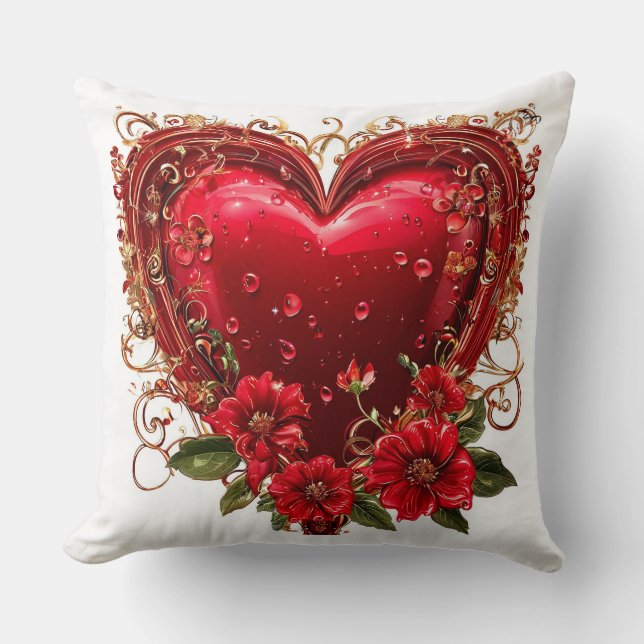 Elegant Red Heart med blommor Kudde (Framsida)