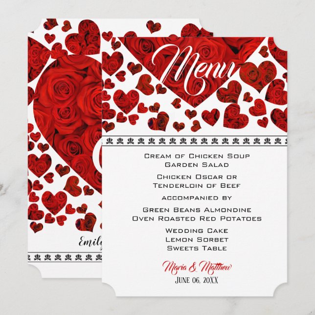 Elegant Red Hearts och Ro Bröllop Menu Inbjudningar (Fram/baksida)
