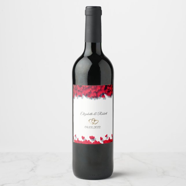 Elegant Red Hearts Vinflaska Etikett (Framsida)