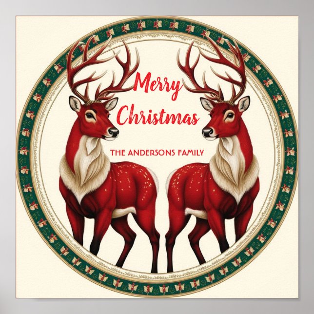 Elegant Red Hjort Moose Guld Snö god jul party Poster (Framsidan)