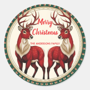 Elegant Red Hjort Moose Guld Snö god jul party Runt Klistermärke