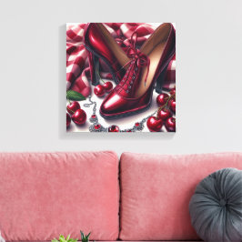 Elegant Red Högklackars with Cherry Canvastryck