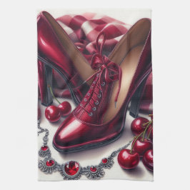 Elegant Red Högklackars with Cherry Kökshandduk