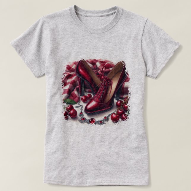 Elegant Red Högklackars with Cherry T Shirt (Design framsida)