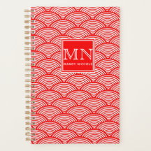 Elegant Red Japansk Wave Mönster Monogrammed