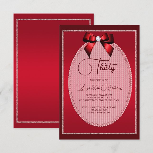 Elegant Red Jewel Bow Birthday Inbjudningar (Fram/baksida)