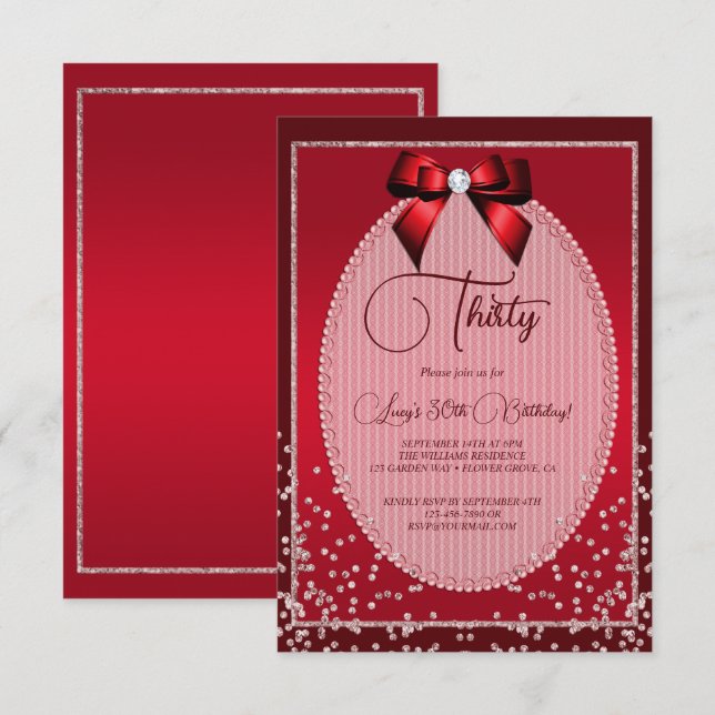 Elegant Red Jewel Bow & Confetti Birthday Inbjudningar (Fram/baksida)