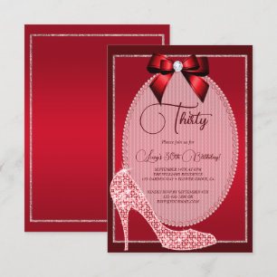 Elegant Red Jewel Bow & Stiletto Birthday Inbjudningar