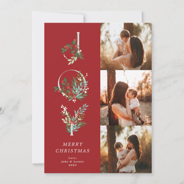 Elegant Red jul Botanical JOY 3 Photo Julkort (Framsida)