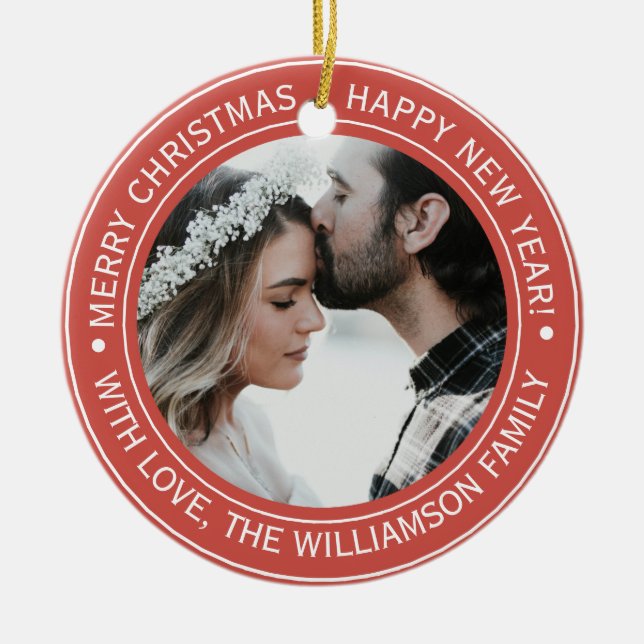 Elegant Red jul Monogram Photo Julgransprydnad Keramik (Framsidan)