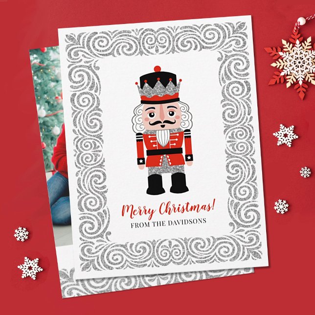 Elegant Red jul Nutcracker Julkort (An elegant family Christmas card featuring a nutcracker on the front and your photo on the back.)