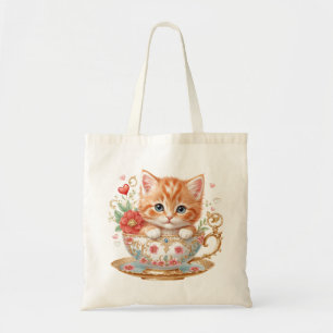 Elegant Red Kitten i Tekopp - Blommigt design - Tygkasse