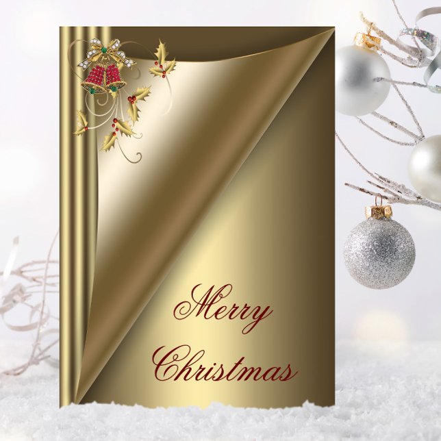 Elegant Red Klockor och Guld Holly-julkort Helgkort (Red and gold Christmas card with pretty bells and holly.)
