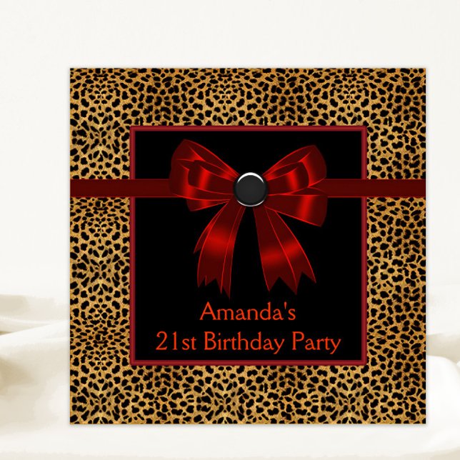 Elegant Red Leopard Födelsedagsfest Inbjudningar (Any number or event elegant red bow leopard invitation. Simply add your text to the front and back.)