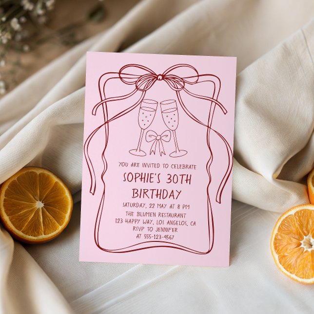Elegant Red Line Art Bow & Champagne 30th Birthday Inbjudningar (Skapare uppladdad)