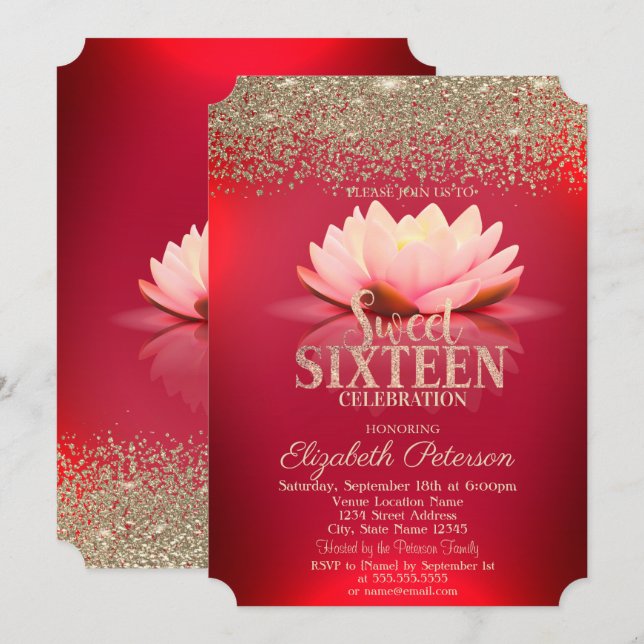 Elegant Red Lotus Guld Confetti Diamond Sweet 16 Inbjudningar (Fram/baksida)