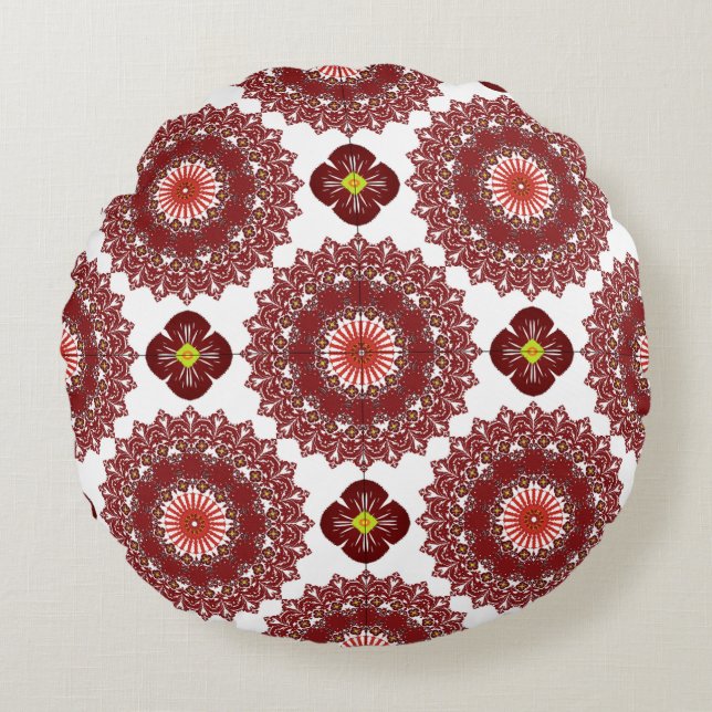 Elegant Red Mandala Geometric Bedroom & Home Texti Rund Kudde (Framsidan)