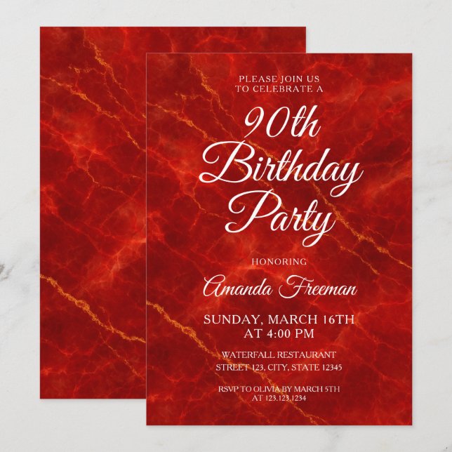 Elegant Red Marble 90:e Birthday Inbjudningar (Fram/baksida)