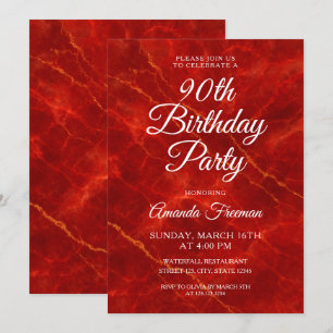 Elegant Red Marble 90:e Birthday Inbjudningar
