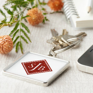 Elegant Red Marble Diamond Monogram Fyrkantig Silverfärgad Nyckelring