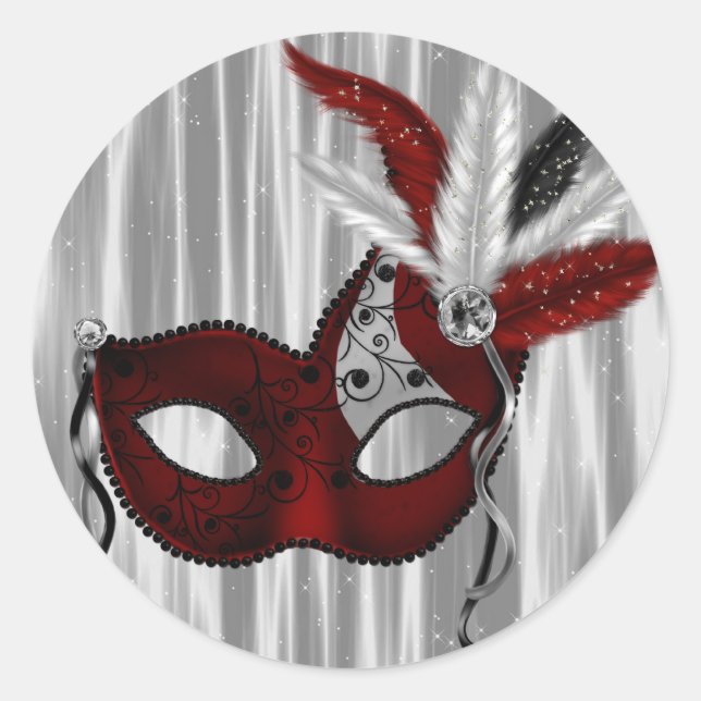 Elegant Red MasqueraParty Stickers Runt Klistermärke (Framsida)