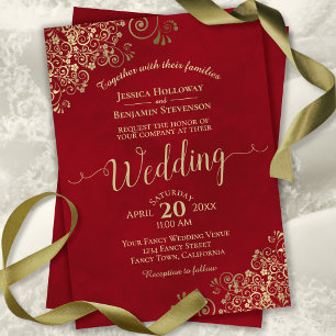 Elegant Red med Guld Frills & Calligraphy Bröllop Inbjudningar