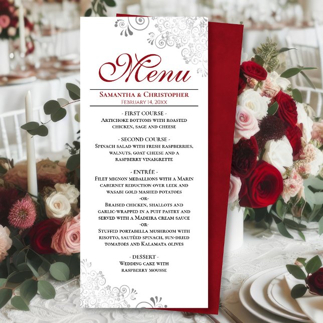 Elegant Red med Silver Swirls på Vita Bröllop Meny (Front/Back)
