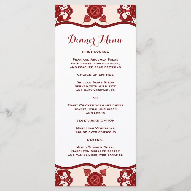 Elegant Red Medallion Mönster Slim Dinner Menu Meny (Framsida)