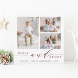 Elegant Red Merry & Bright 3 Photo Square Julkort<br><div class="desc">Ett kort med enkel helgdag och elegant med ett vitt snö mönster på baksidan. Om du vill ha en mer avancerad anpassning av den här designen klickar du på länken Anpassa ytterligare för att ändra teckensnitt,  storlekt,  färg osv.</div>