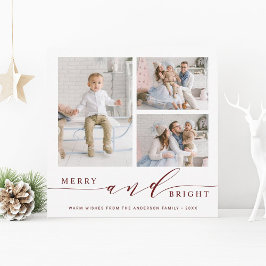 Elegant Red Merry & Bright 3 Photo Square Julkort