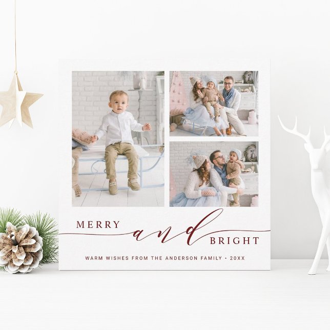 Elegant Red Merry & Bright 3 Photo Square Julkort (Skapare uppladdad)