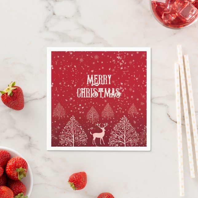 Elegant Red Merry Christmas Deer and Snowflake Pappersservett (Insitu)