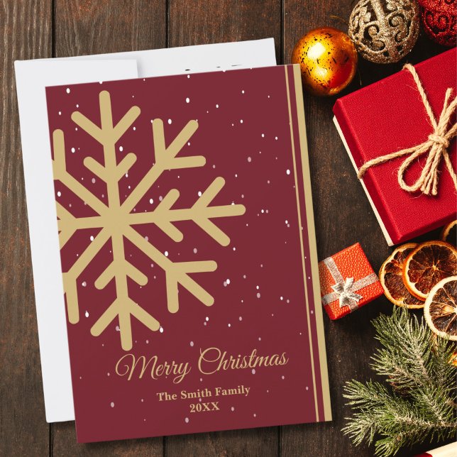 Elegant Red Merry Christmas Snowflake Flat Julkort (Skapare uppladdad)