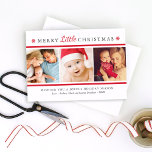 Elegant Red Merry Little jul Photo Collage Julkort<br><div class="desc">Den här eleganten och det moderna helgdag har "God Jul" i mörk grått klassisk text med röd skriptaccent. Innehåller tre fyrkantiga fotoblanksteg, en anpassningsbar hälsning och ett blanksteg för att inkludera familjemedlemmen namn. Röda snöflingor accentuerar framsidan och ett kompletterande vitt på den röda vintersnöflummen mönster går bakåt på kortet. Den...</div>