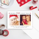 Elegant Red Merry Little jul Photo Collage Julkort<br><div class="desc">Det här moderna och elegant helgdag-fotokortet har "God Jul" i mörk grått klassisk text med röd skriptaccent. Innehåller två fotoutrymmen, en anpassningsbar hälsning och ett blanksteg för att inkludera familjemedlemmen namn. Röda snöflingor accentuerar framsidan och ett kompletterande vitt på den röda vintersnöflummen mönster går bakåt på kortet. Den här utformningen...</div>