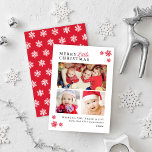 Elegant Red Merry Little jul Photo Collage Julkort<br><div class="desc">Det här moderna och elegant helgdag-fotosamlingskortet har "God jul" i mörk grått klassisk text med röd skriptaccent. Innehåller en kollage med tre fotoutrymmen, en anpassningsbar hälsning och ett utrymme som inkluderar familjemedlemmen namn. Röda snöflingor accentuerar framsidan och ett kompletterande vitt på den röda vintersnöflummen mönster går bakåt på kortet. Den...</div>