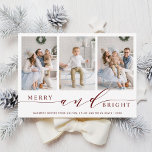 Elegant Red Merry och Bright 3 Photo Helgdag Card Julkort<br><div class="desc">Ett enkelt och elegant helgdag-kort med ett vitt snö mönster på baksidan. Om du vill ha en mer avancerad anpassning av den här designen klickar du på länken Anpassa ytterligare för att ändra teckensnitt,  storlekt,  färg osv.</div>