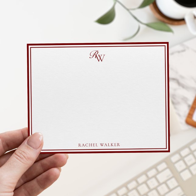 Elegant Red Monogram Two Border Anteckningskort (Skapare uppladdad)