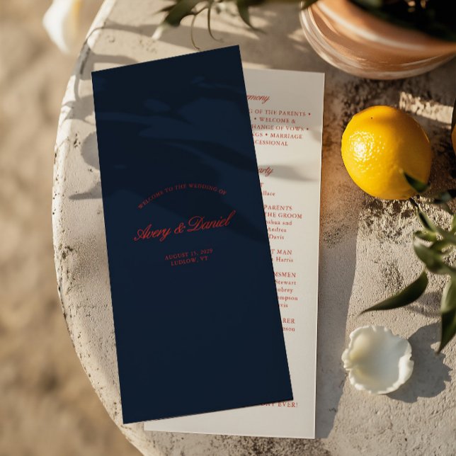 Elegant Red & Mörk Black Blue Bröllop Ceremony Program (Elegant Red & Dark Black Blue Wedding Ceremony Program)