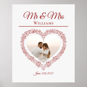 Elegant Red Mr och Mrs Valentines Day Photo Heart Poster