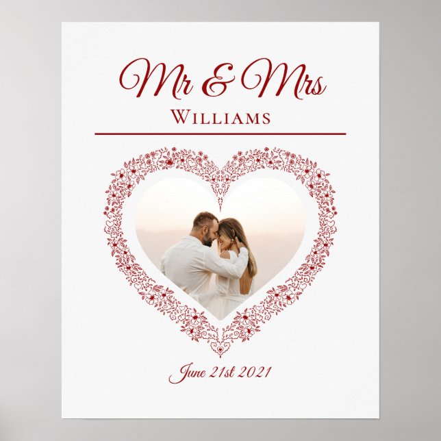 Elegant Red Mr och Mrs Valentines Day Photo Heart Poster (Framsidan)