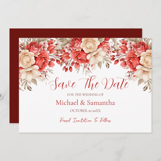 Elegant Red och Elfenbenskusten Ro Bröllop Spara Datumet (Fram/baksida)