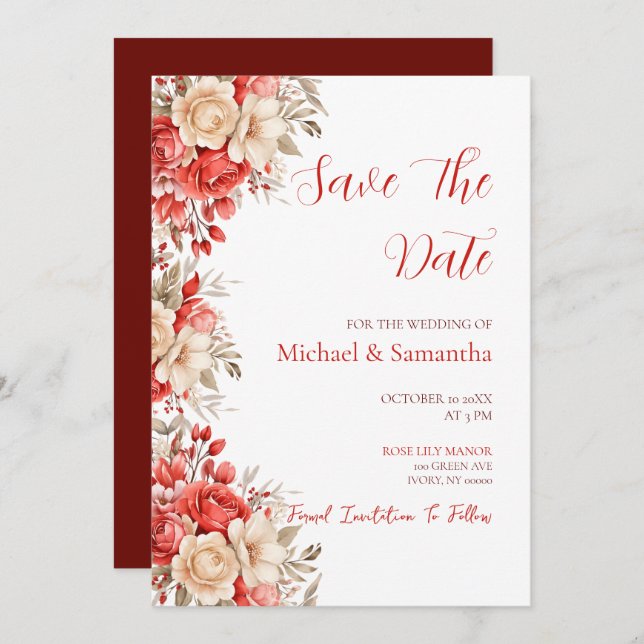 Elegant Red och Elfenbenskusten Ro Bröllop Spara Datumet (Fram/baksida)