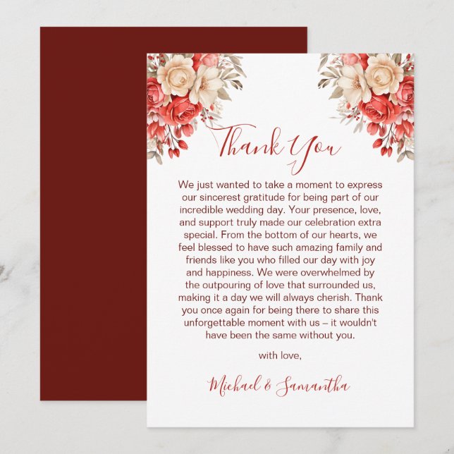 Elegant Red och Elfenbenskusten Ro Bröllop Tack Kort (Fram/baksida)