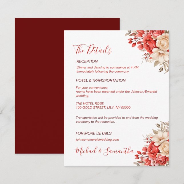 Elegant Red och Elfenbenskusten Ro Bröllop Tilläggskort (Fram/baksida)
