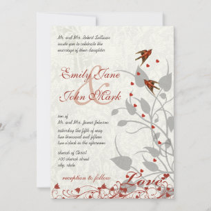 Elegant Red och Grått Hearts Lovebird Bröllop Inbjudningar