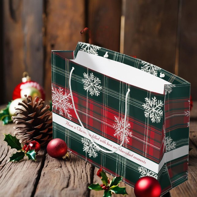Elegant Red och Grönt Snöflingor plaid mönster (Elegant Red and Green Snowflakes plaid patterns Large Gift Bag)
