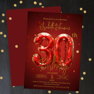 Elegant Red och Guld 30års födelsedag Firande Inbjudningar