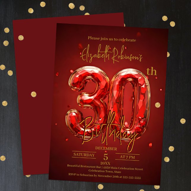 Elegant Red och Guld 30års födelsedag Firande Inbjudningar (Skapare uppladdad)